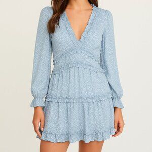 Saints And Secrets Blue White Boho Open Back Ruffle Mini Dress XS